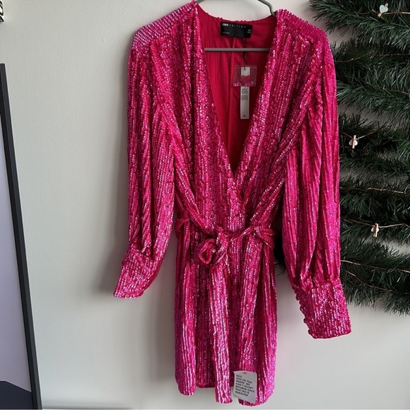 - ASOS EDITION sequin wrap mini dress in hit pink - size 6 - Picture 6 of 12